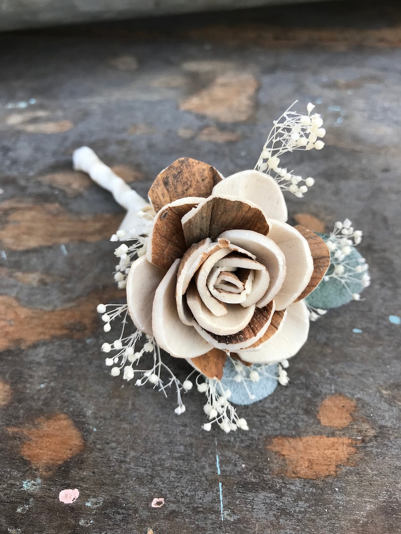 Wooden boutonniere, grooms flower, pin on sola wood flower, rose gold wedding flowers, groomsmen, ecoflower, wooden lapel flower, free ship image 1