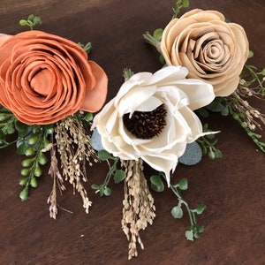 Ava~ Sola wood flower boutonniere, champagne, copper or rust boutonniere, pin on, grooms lapel flower, wooden flowers boutineer, sunflower