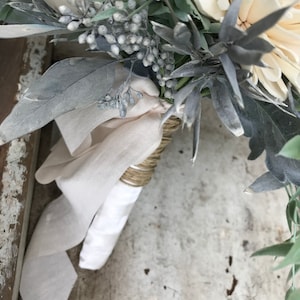 Annie Wooden flower bouquet, anemone and dahlia bouquet, slate, eucalytpus, boho wedding bouquet, ivory and dusty blue, Sola wood flowers image 3