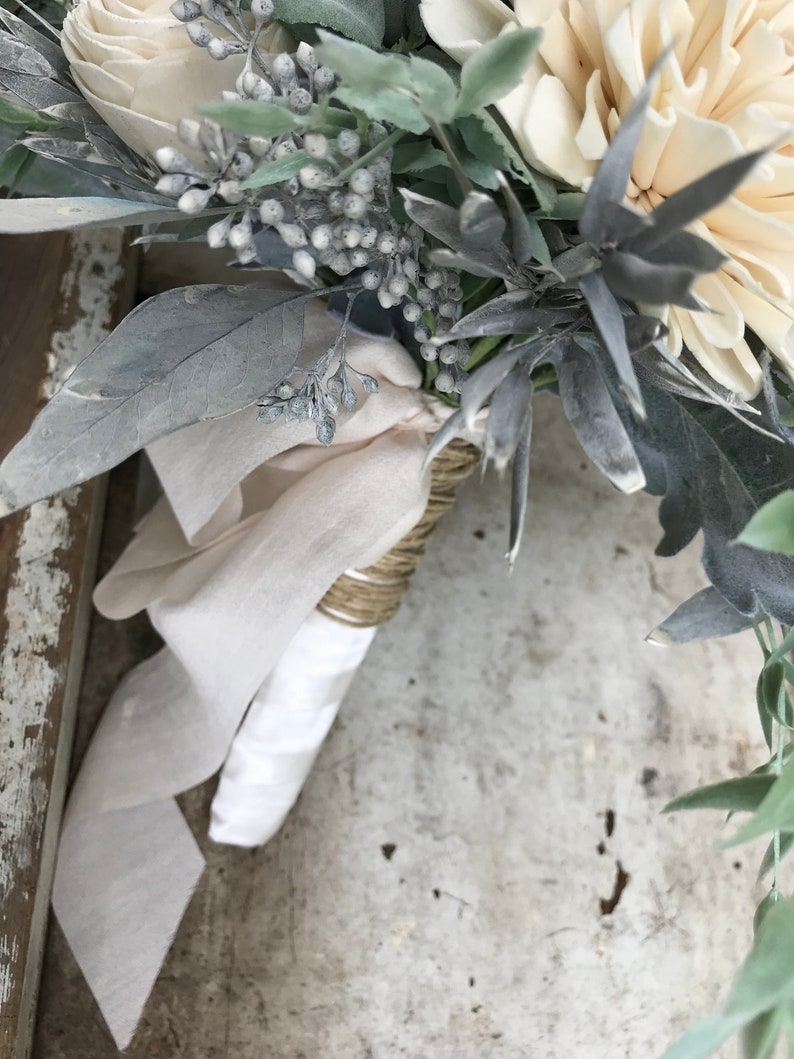 Annie Wooden flower bouquet, anemone and dahlia bouquet, slate, eucalytpus, boho wedding bouquet, ivory and dusty blue, Sola wood flowers image 3