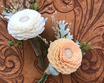 Julia~ Sola wood flower boutonniere, READY TO SHIP zinnia boutonniere, pin on  grooms lapel flower, wood wedding flowers, peach boutineer