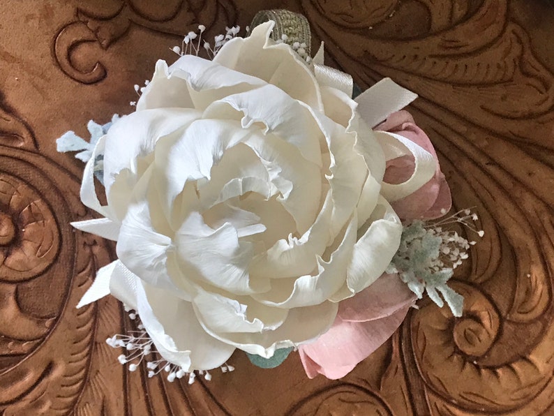 Blush pink corsage, ivory wrist corsage, sola wood flower, mothers corsage, wooden flower, prom flower, keepsake wedding flowers, pink peony image 3