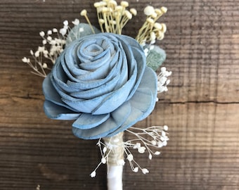 Dusty blue boutonniere, READY TO SHIP wood flower boutineer, pin on mens flower, blue grooms lapel flower, wood wedding flowers, slate blue