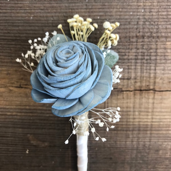 Dusty blue boutonniere, READY TO SHIP wood flower boutineer, pin on mens flower, blue grooms lapel flower, wood wedding flowers, slate blue