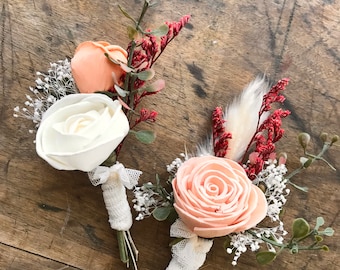 Fall boutonniere, the Aurelia collection, READY TO SHIP, sola wood flower boutonniere, rust and peach, grooms pin on flower, wedding flowers