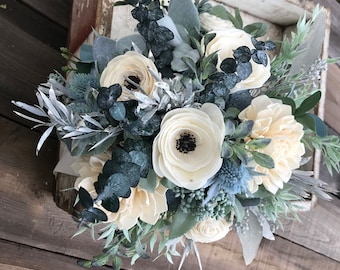 Annie - Wooden flower bouquet, anemone and dahlia bouquet, slate, eucalytpus, boho wedding bouquet, ivory and dusty blue, Sola wood flowers