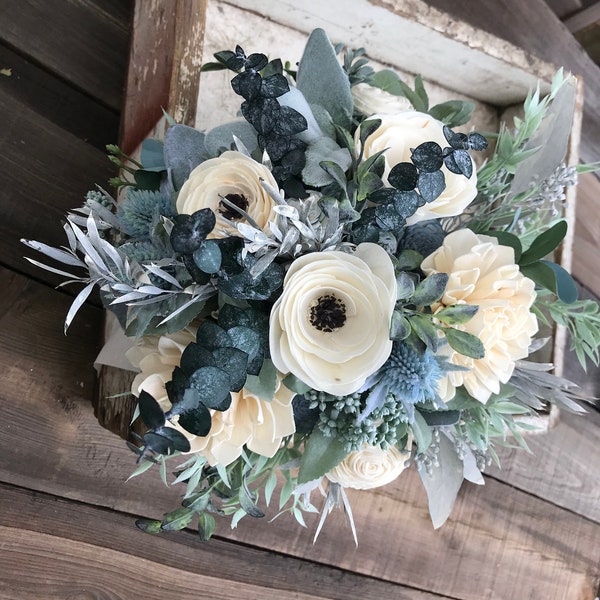 Annie - Wooden flower bouquet, anemone and dahlia bouquet, slate, eucalytpus, boho wedding bouquet, ivory and dusty blue, Sola wood flowers