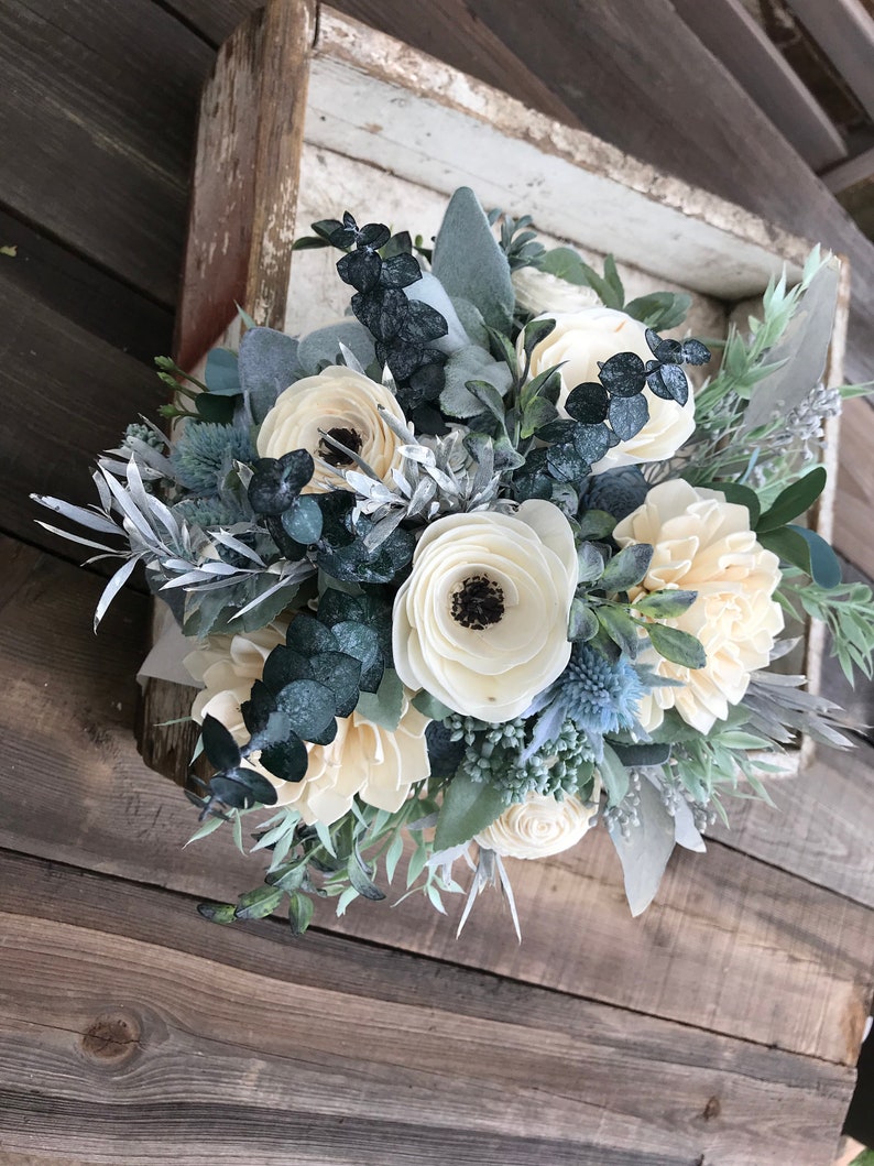 Annie Wooden flower bouquet, anemone and dahlia bouquet, slate, eucalytpus, boho wedding bouquet, ivory and dusty blue, Sola wood flowers image 1