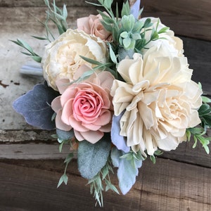 Wooden flower bouquet, peony and dahlia bouquet, blush boho wedding bouquet, ivory and blush pink bridal bouquet, Sola wood flowers