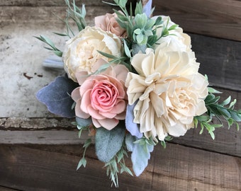 Wooden flower bouquet, peony and dahlia bouquet, blush boho wedding bouquet, ivory and blush pink bridal bouquet, Sola wood flowers