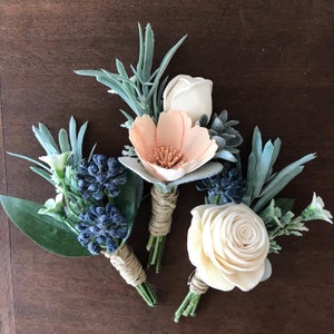 Belle ~ Sola wood flower boutonniere, Dusty blue boutonniere, pin on eco flower, grooms lapel flower, wood wedding flowers slate blue, peach