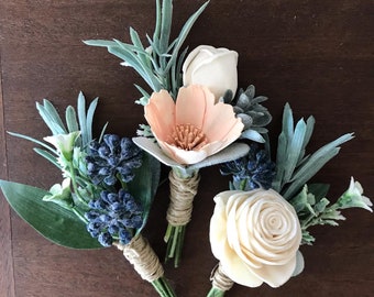 Belle ~ Sola wood flower boutonniere, Dusty blue boutonniere, pin on eco flower, grooms lapel flower, wood wedding flowers slate blue, peach