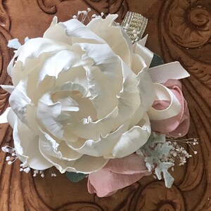 Blush pink corsage, ivory wrist corsage, sola wood flower, mothers corsage, wooden flower, prom flower, keepsake wedding flowers, pink peony image 1