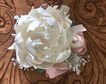 Blush pink corsage, ivory wrist corsage, sola wood flower, mothers corsage, wooden flower, prom flower, keepsake wedding flowers, pink peony