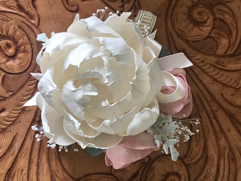 Blush pink corsage, ivory wrist corsage, sola wood flower, mothers corsage, wooden flower, prom flower, keepsake wedding flowers, pink peony image 1