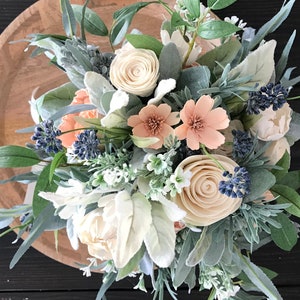 Belle Wooden flower bouquet, slate blue and peach, boho wedding bouquet, ivory and dusty blue, Sola wood flowers, peony and rose image 10