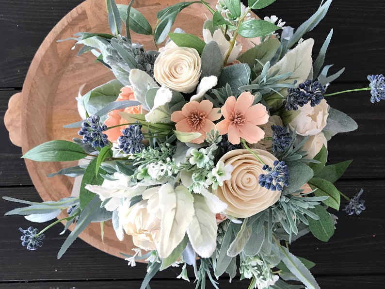 Belle Wooden flower bouquet, slate blue and peach, boho wedding bouquet, ivory and dusty blue, Sola wood flowers, peony and rose image 10