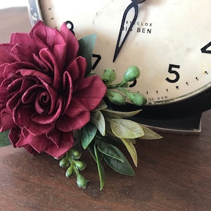 Sola wood flower boutonniere, READY TO SHIP, burgundy dahlia boutineer, pin on mens flower, grooms lapel flower, wood wedding flowers