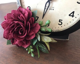 Sola wood flower boutonniere, READY TO SHIP, burgundy dahlia boutineer, pin on mens flower, grooms lapel flower, wood wedding flowers