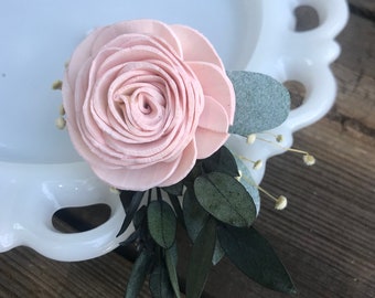 Sola wood flower boutonniere, READY TO SHIP, blush pink boutineer, pin on mens flower, neutral grooms lapel flower, wood wedding flowers