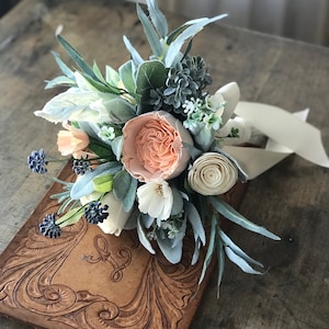 Belle Wooden flower bouquet, slate blue and peach, boho wedding bouquet, ivory and dusty blue, Sola wood flowers, peony and rose image 9