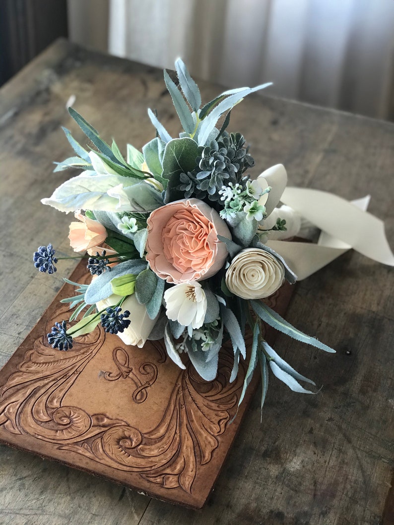 Belle Wooden flower bouquet, slate blue and peach, boho wedding bouquet, ivory and dusty blue, Sola wood flowers, peony and rose image 9