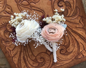 Sola wood flower boutonniere, READY TO SHIP, pin on grooms lapel flower, wood wedding flowers, blush