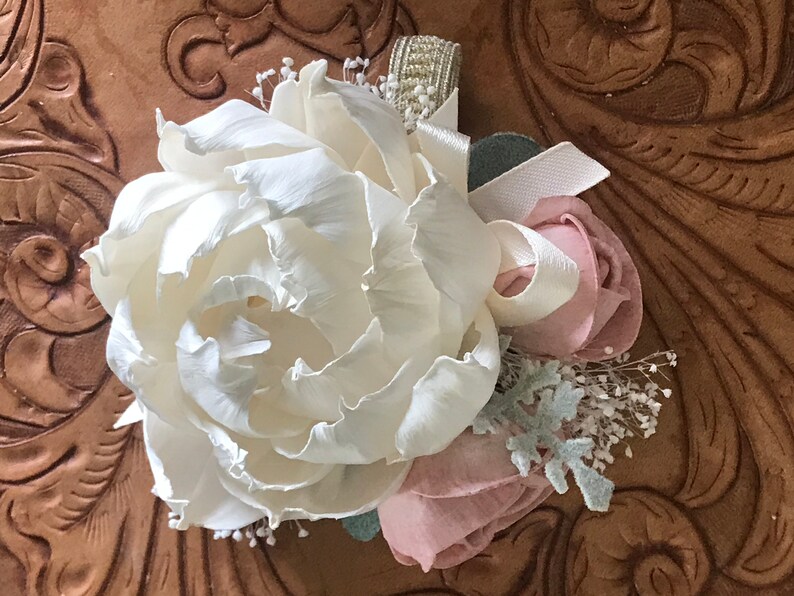 Blush pink corsage, ivory wrist corsage, sola wood flower, mothers corsage, wooden flower, prom flower, keepsake wedding flowers, pink peony image 6