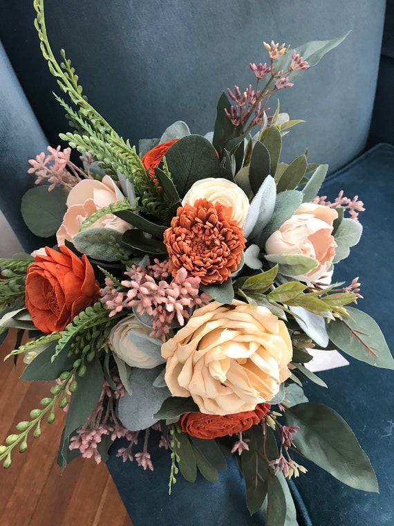 Sienna Copper Wedding Flowers Sola Wood Flowers Rust Wooden Flowers Blush and Rust Boho Bridal Bouquet Eucalyptus Wedding Bouquet Etsy