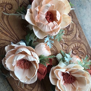 Jessie Sola wood flower wrist corsage, copper wedding flowers, Mother of the bride, bridesmaid corsage, peach, rust wooden flowers image 1