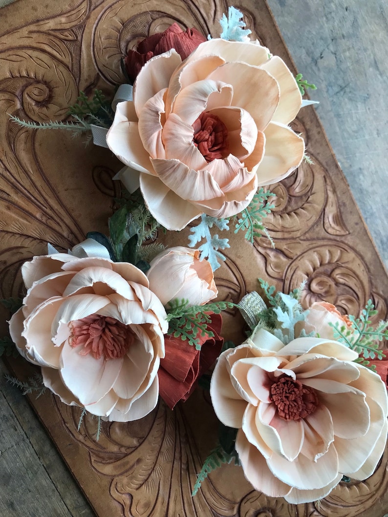 Jessie Sola wood flower wrist corsage, copper wedding flowers, Mother of the bride, bridesmaid corsage, peach, rust wooden flowers image 1