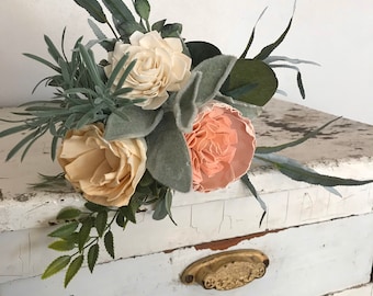 Julia~ sola wood wedding flowers, READY TO SHIP, wood flowers, wooden flowers, peach wedding, boho bridal bouquet,blush pink wedding bouquet