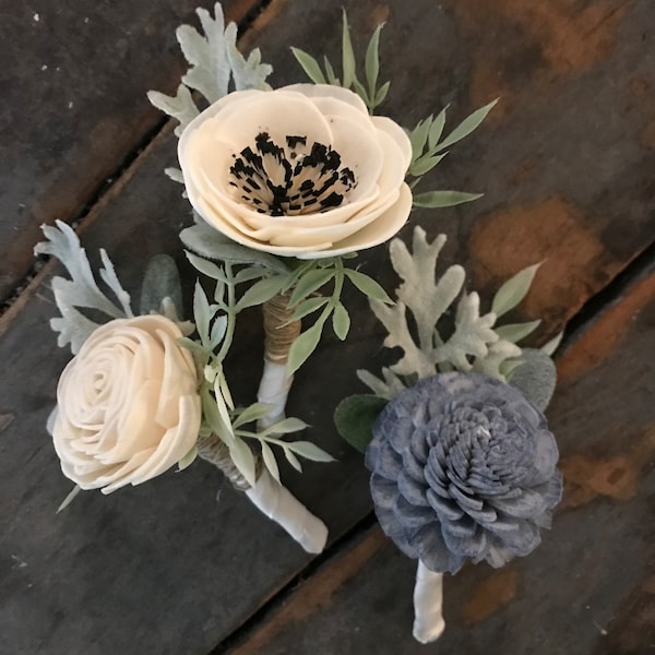Annie ~ Sola wood flower boutonniere, anemone boutonniere, READY TO SHIP, Dusty blue pin on flower, grooms lapel flower, wooden flowers