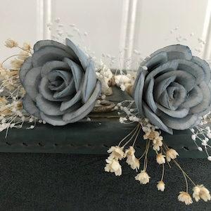 Dusty blue boutonniere, grooms flower, pin on sola wood flower, slate blue wedding flowers, READY TO SHIP boutineer, wooden lapel flower