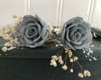 Dusty blue boutonniere, grooms flower, pin on sola wood flower, slate blue wedding flowers, READY TO SHIP boutineer, wooden lapel flower