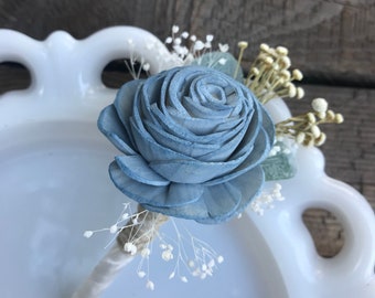 Sola wood flower boutonniere, dusty blue wood flower boutineer, pin on mens flower, blue grooms lapel flower, wood wedding flowers, slate