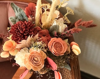 Elopement bouquet, fall wedding flowers, READY TO SHIP, sola wood flower bouquet, dried flowers, rust and peach, boho wedding ~ Aurelia