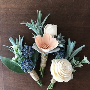 Belle Sola wood flower boutonniere, Dusty blue boutonniere, pin on eco flower, grooms lapel flower, wood wedding flowers slate blue, peach image 6