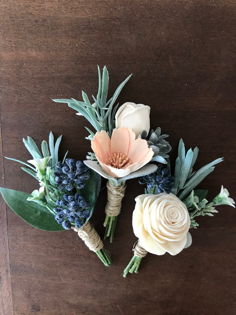 Belle Sola wood flower boutonniere, Dusty blue boutonniere, pin on eco flower, grooms lapel flower, wood wedding flowers slate blue, peach image 6