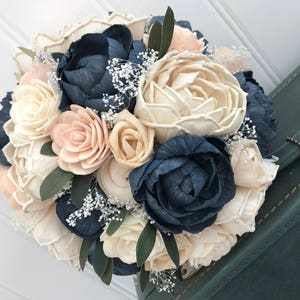 Sola flower bouquet, blush sola wooden flower wedding bouquet, blush pink and navy, peony wedding bouquet, keepsake, blush pink ecoflowers image 6