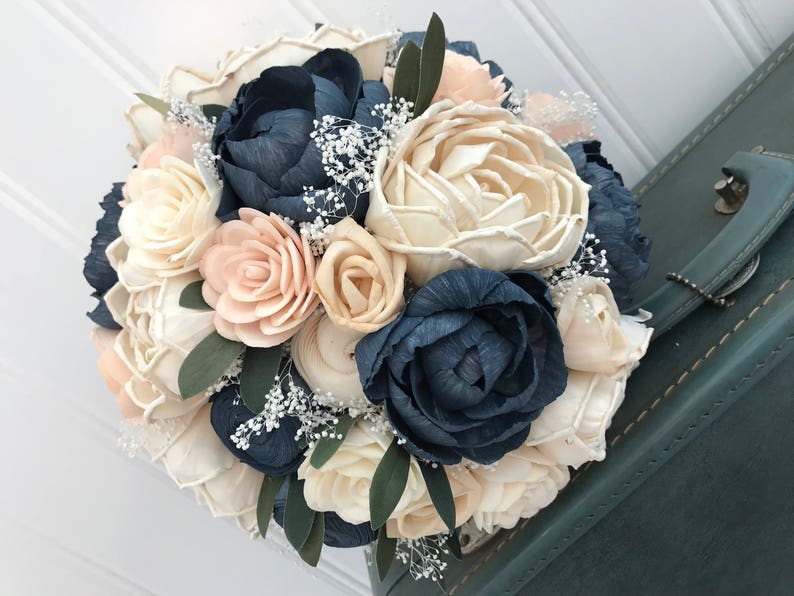 Sola flower bouquet, blush sola wooden flower wedding bouquet, blush pink and navy, peony wedding bouquet, keepsake, blush pink ecoflowers image 6