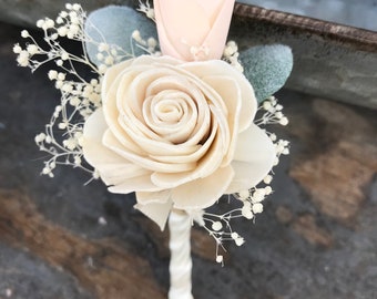 Sola flower boutonniere, READY TO SHIP, ivory grooms boutonniere, sola wood flower, blush pink boutineer, ivory wedding flowers