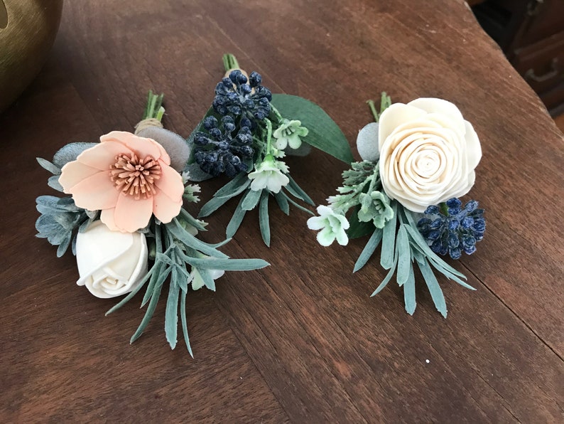 Belle Sola wood flower boutonniere, Dusty blue boutonniere, pin on eco flower, grooms lapel flower, wood wedding flowers slate blue, peach image 8