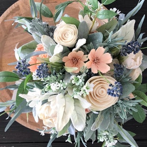 Belle Wooden flower bouquet, slate blue and peach, boho wedding bouquet, ivory and dusty blue, Sola wood flowers, peony and rose image 2
