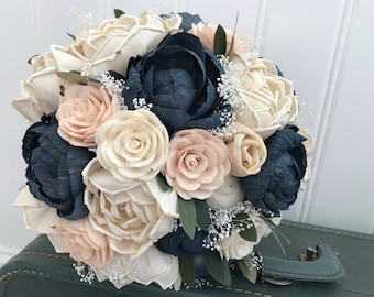 Sola flower bouquet, blush sola wooden flower wedding bouquet, blush pink and navy, peony wedding bouquet, keepsake, blush pink ecoflowers