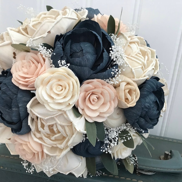 Sola flower bouquet, blush sola wooden flower wedding bouquet, blush pink and navy, peony wedding bouquet, keepsake, blush pink ecoflowers