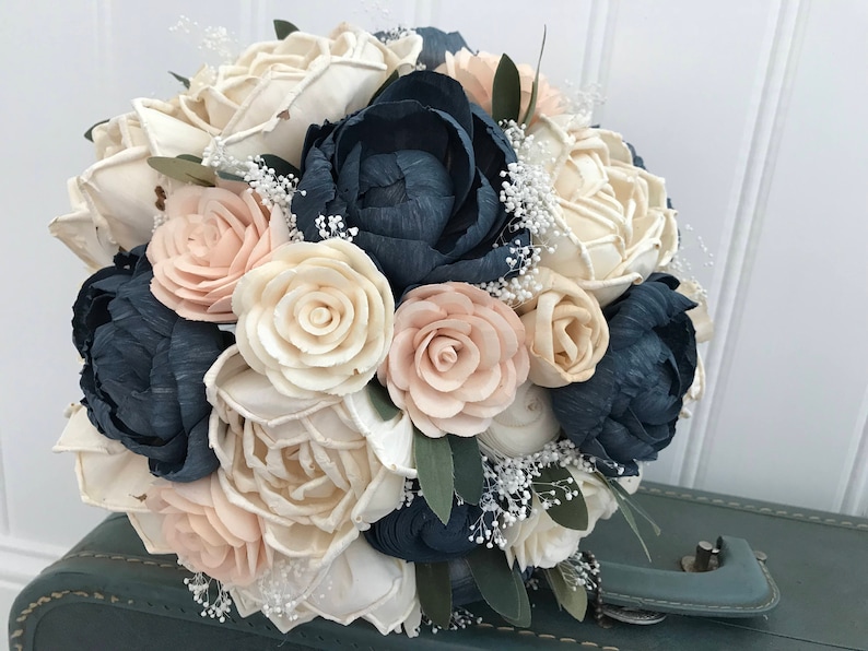 Sola flower bouquet, blush sola wooden flower wedding bouquet, blush pink and navy, peony wedding bouquet, keepsake, blush pink ecoflowers image 1