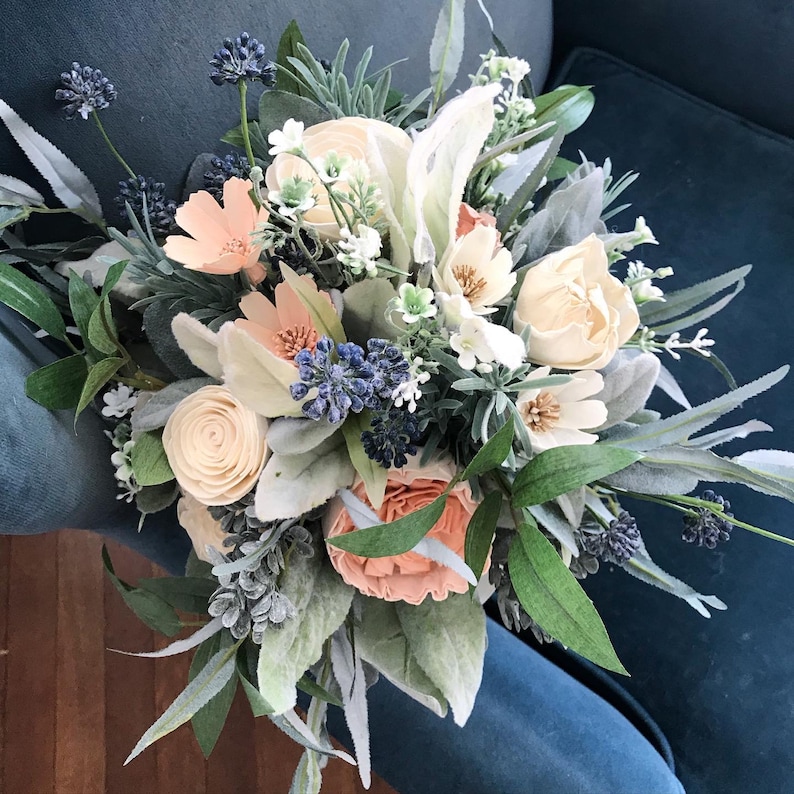Belle Wooden flower bouquet, slate blue and peach, boho wedding bouquet, ivory and dusty blue, Sola wood flowers, peony and rose image 1