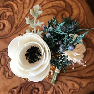 Winter wedding boutonniere, juniper boutonniere, anemone, groom&#39;s flower, dusty blue berry, READY TO SHIP lapel flower, preserved juniper