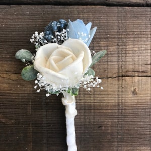 Sola wood flower boutonniere, dusty blue wood flower boutineer, pin on mens flower, blue grooms lapel flower, wood wedding flowers, slate